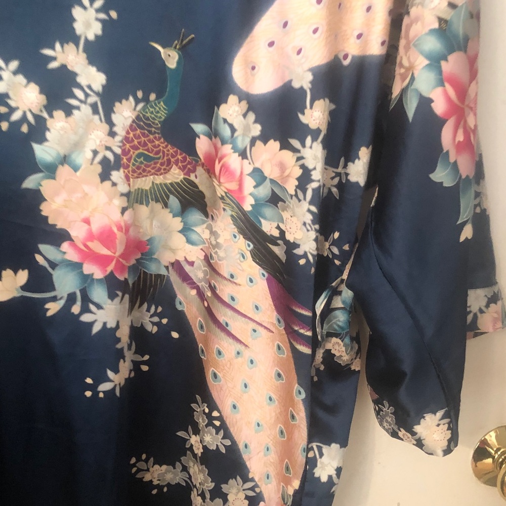 Navy Floral Satin Kimono Robe - Picture 5 of 5